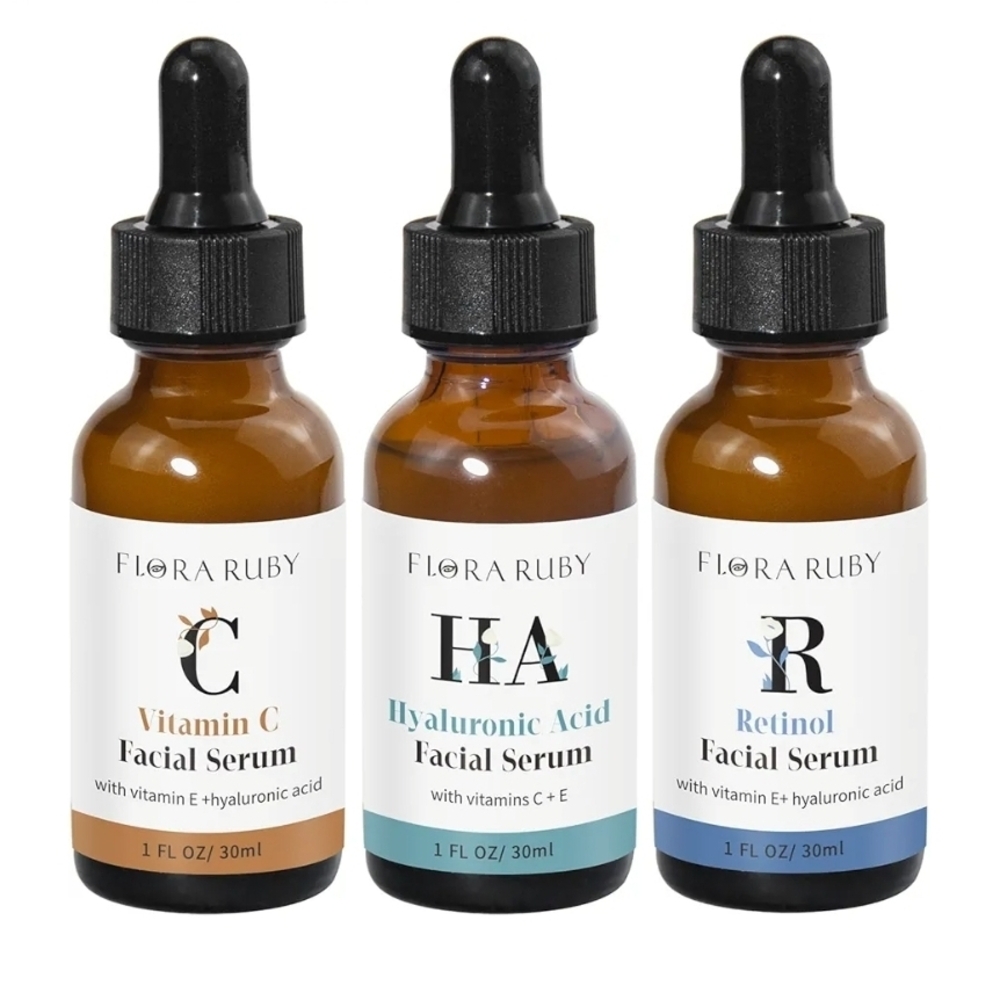 Floral Ruby Facial Serum Set - Vitamin C, Hyaluronic Acid, Retinol